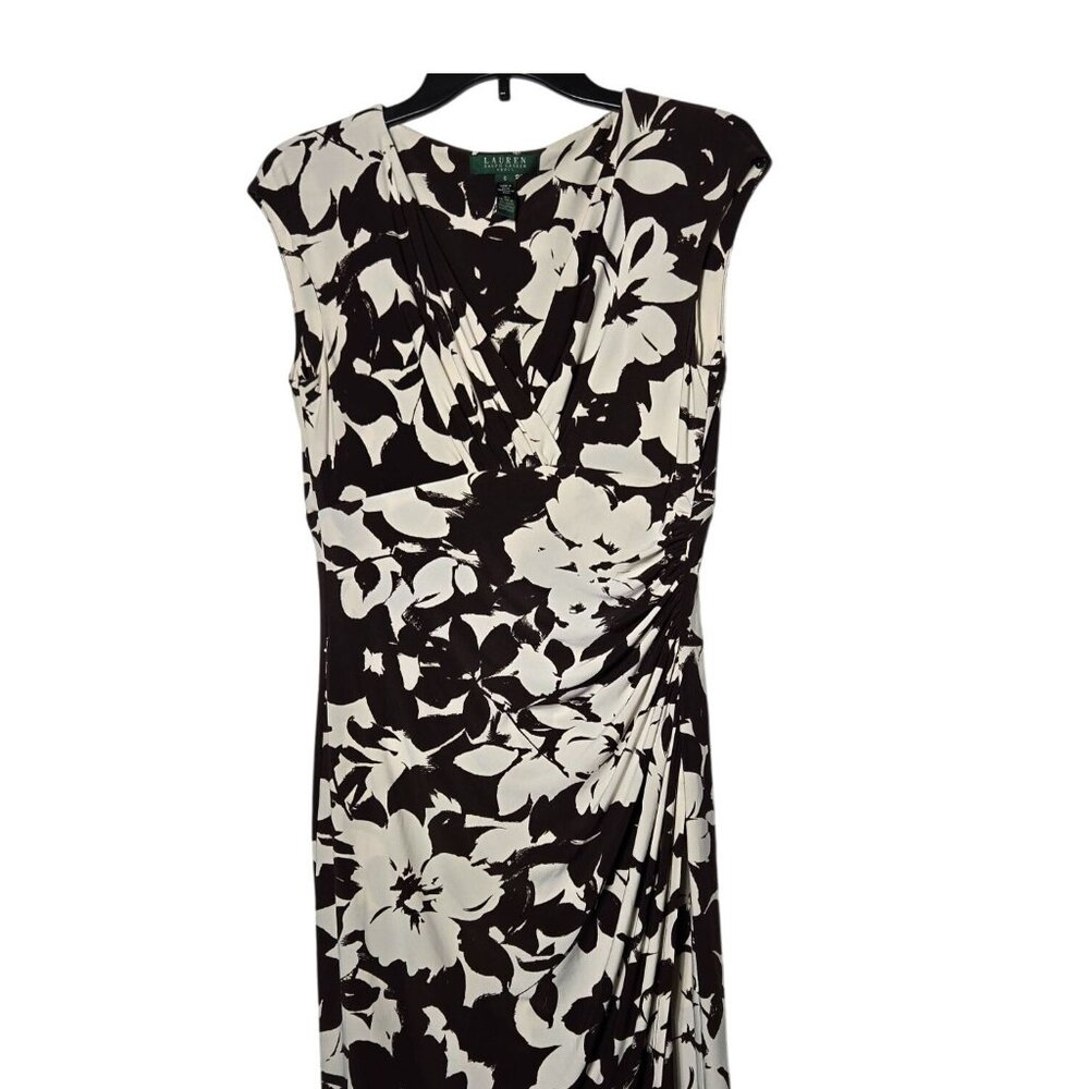 Lauren Ralph Lauren Brown Floral Sleeveless Dress 6 Stretch Ruched Career Mature